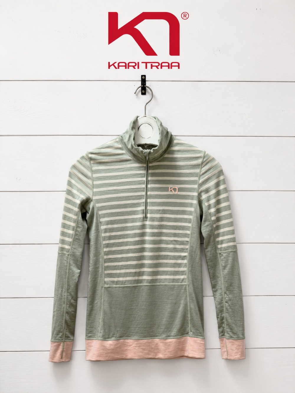 Kari Traa Merino Wool Base Layer 1/2 Zip – Sage Green Stripe – Size M
